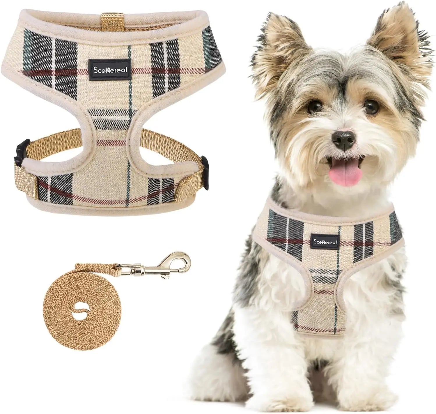 Small Dog or Cat Fall Harness, Collar & Leash Set– No Pull Adjustable Vest(Xs-M) Beige