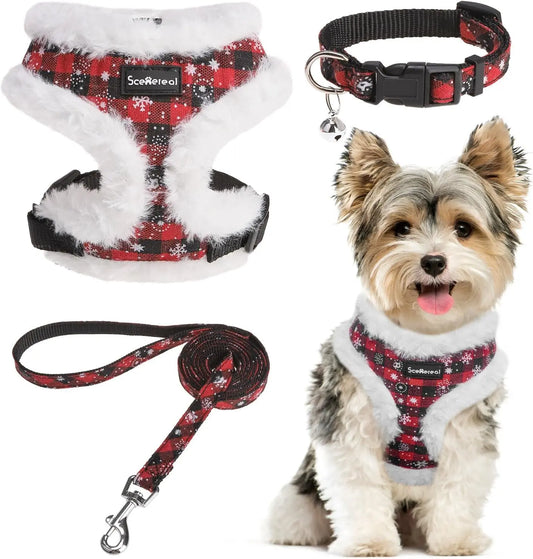 Small Dog or Cat Fall Harness, Collar & Leash Set– No Pull Adjustable Vest(Xs-M) Fleece-Christmas-White Fleece (With Collar)