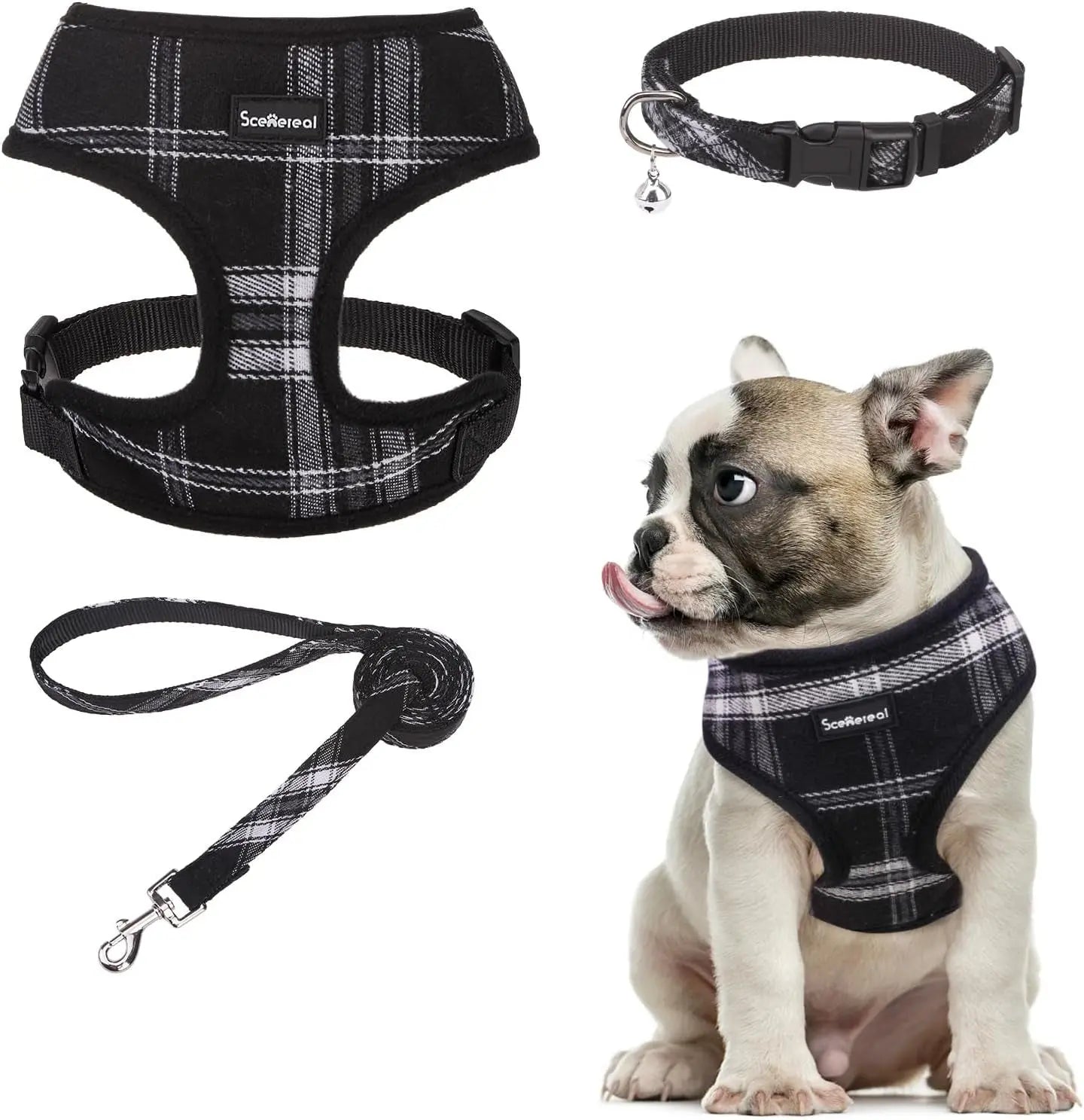 Small Dog or Cat Fall Harness, Collar & Leash Set– No Pull Adjustable Vest(Xs-M) Black White (With Collar) M: Chest Girth: 17"-21"