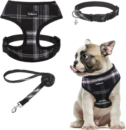 Small Dog or Cat Fall Harness, Collar & Leash Set– No Pull Adjustable Vest(Xs-M) Black White (With Collar) M: Chest Girth: 17"-21"