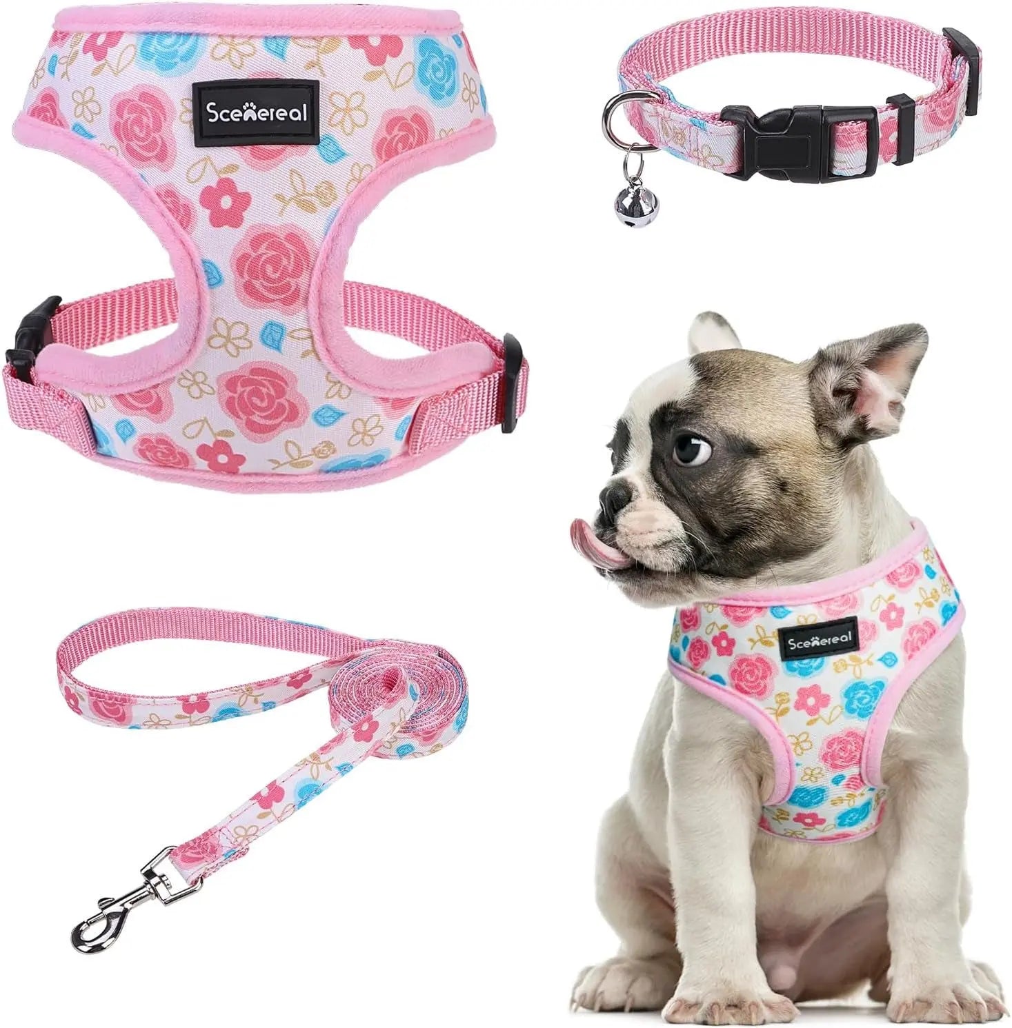 Small Dog or Cat Fall Harness, Collar & Leash Set– No Pull Adjustable Vest(Xs-M) Pink-Floral (With Collar) M: Chest Girth: 17"-21"