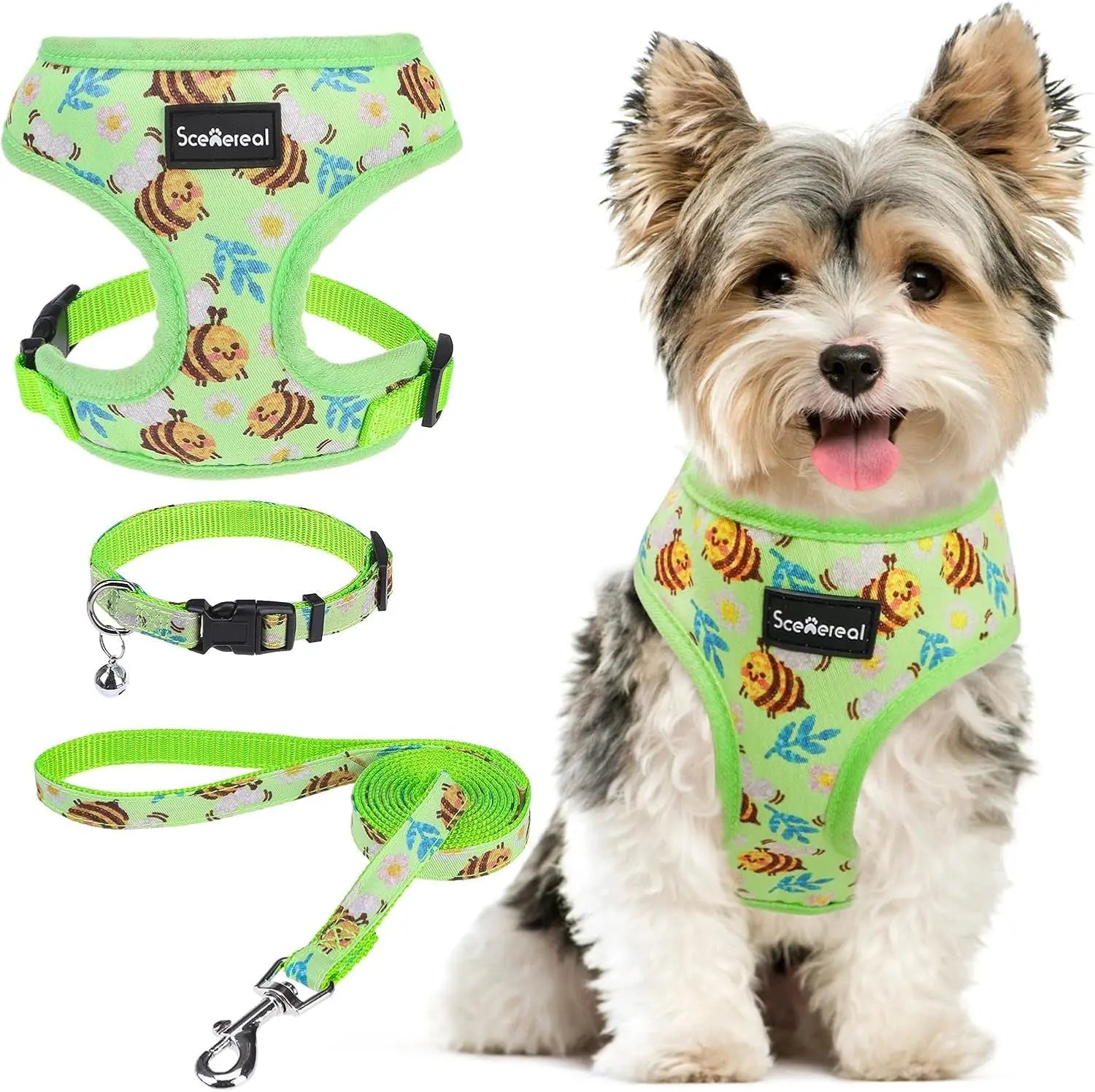 Small Dog or Cat Fall Harness, Collar & Leash Set– No Pull Adjustable Vest(Xs-M) Green-Bee
