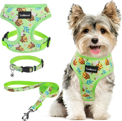 Small Dog or Cat Fall Harness, Collar & Leash Set– No Pull Adjustable Vest(Xs-M) Green-Bee