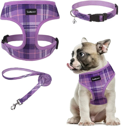 Small Dog or Cat Fall Harness, Collar & Leash Set– No Pull Adjustable Vest(Xs-M) Purple (With Collar) M: Chest Girth: 17"-21"