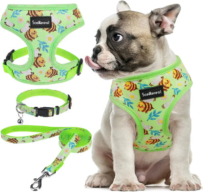Small Dog or Cat Fall Harness, Collar & Leash Set– No Pull Adjustable Vest(Xs-M) Green-Bee M: Chest Girth: 17"-21"