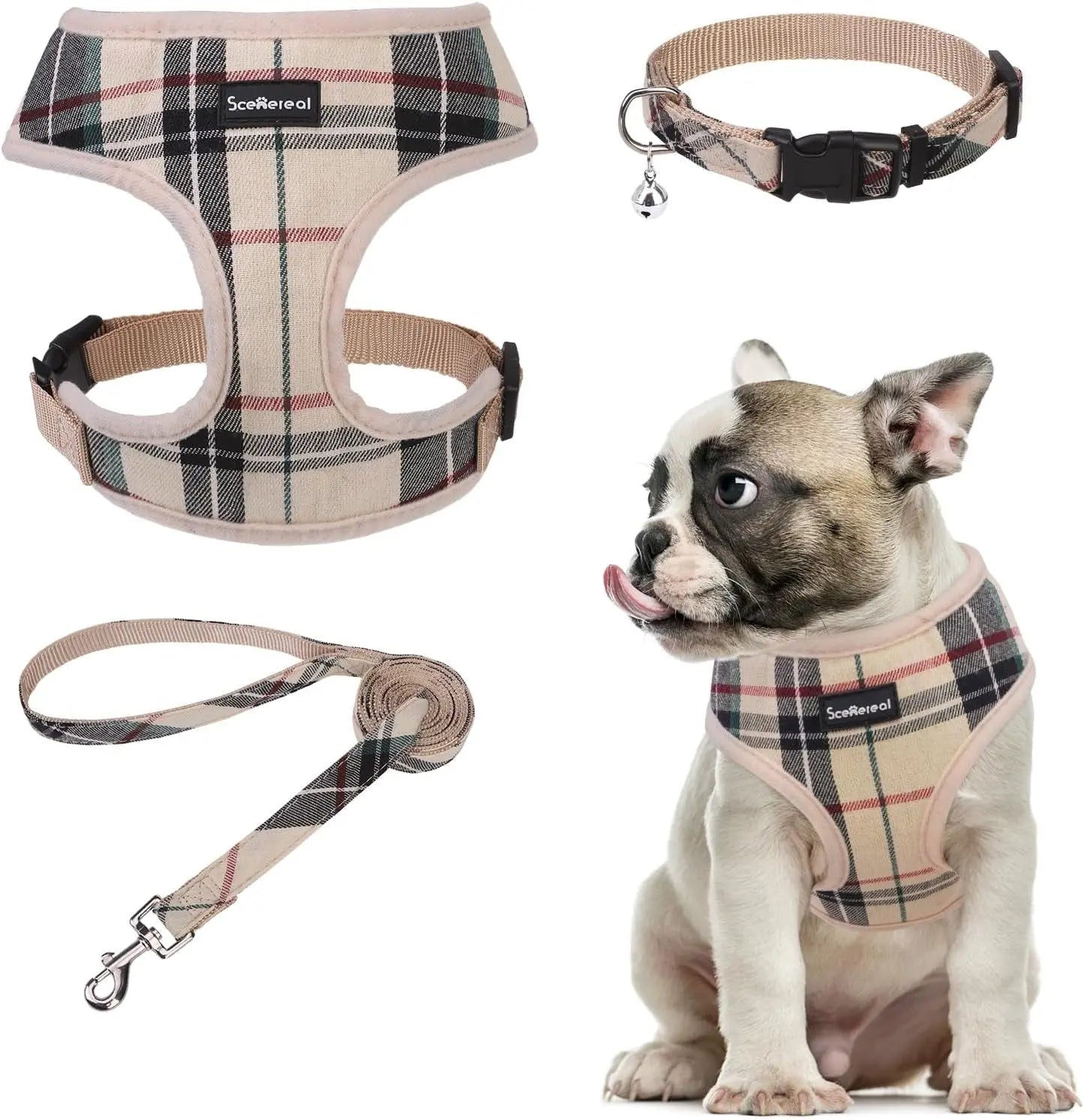 Small Dog or Cat Fall Harness, Collar & Leash Set– No Pull Adjustable Vest(Xs-M) Beige (With Collar) M: Chest Girth: 17"-21"