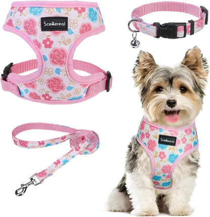 Small Dog or Cat Fall Harness, Collar & Leash Set– No Pull Adjustable Vest(Xs-M) Pink-Floral (With Collar)