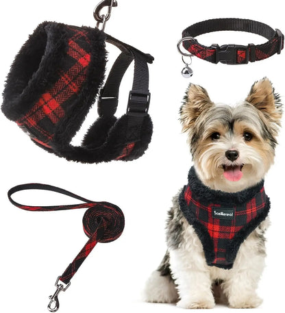 Small Dog or Cat Fall Harness, Collar & Leash Set– No Pull Adjustable Vest(Xs-M) Fleece-Christmas-Black Fleece (With Collar) S: Chest Girth: 14"-18"