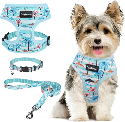 Small Dog or Cat Fall Harness, Collar & Leash Set– No Pull Adjustable Vest(Xs-M) Blue-Coconut Tree Xs: Chest Girth: 10"-14"