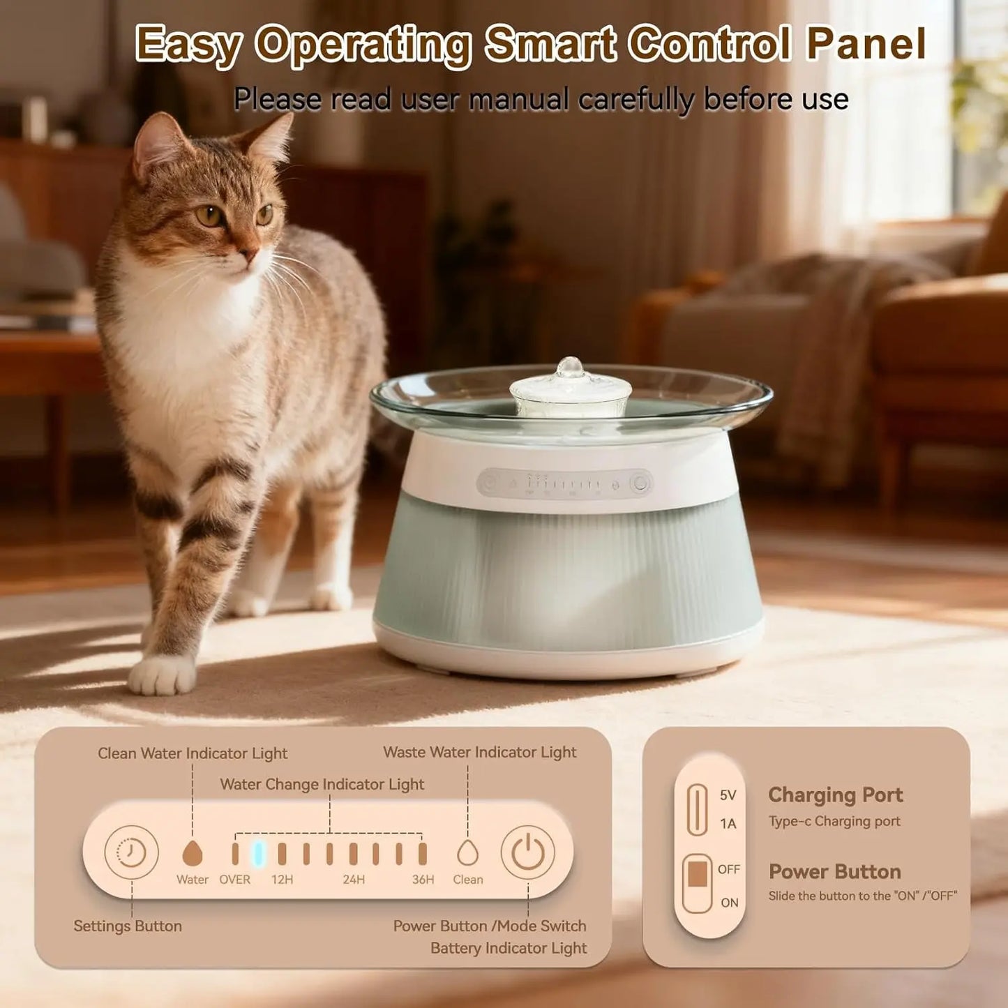 Smart Cat Water Fountain Glass Wireless Filterless 2.5L Quiet Sensor