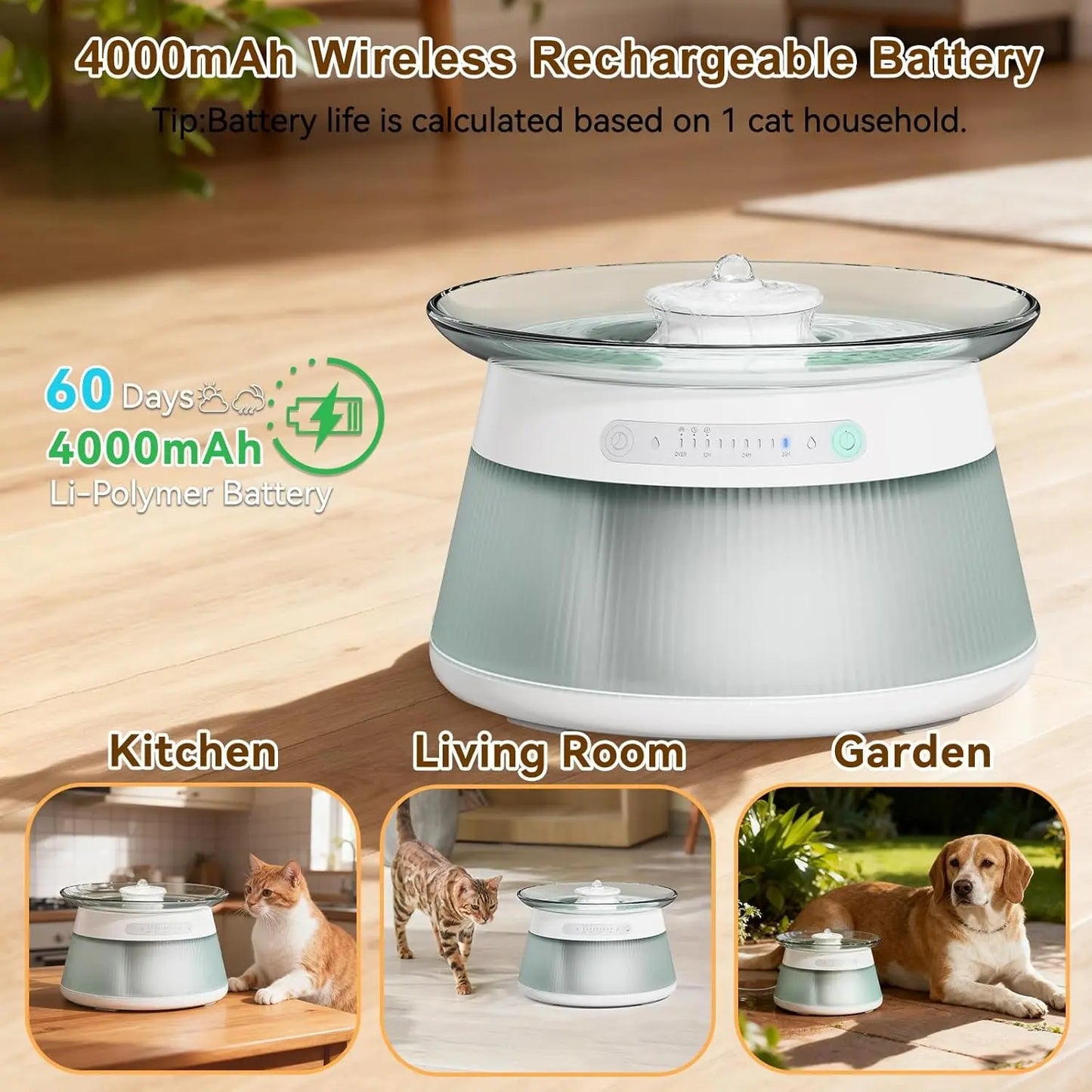 Smart Cat Water Fountain Glass Wireless Filterless 2.5L Quiet Sensor