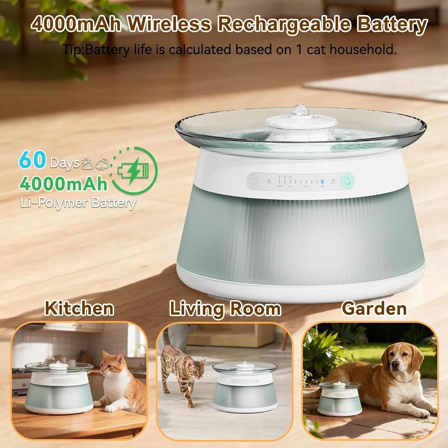 Smart Cat Water Fountain Glass Wireless Filterless 2.5L Quiet Sensor