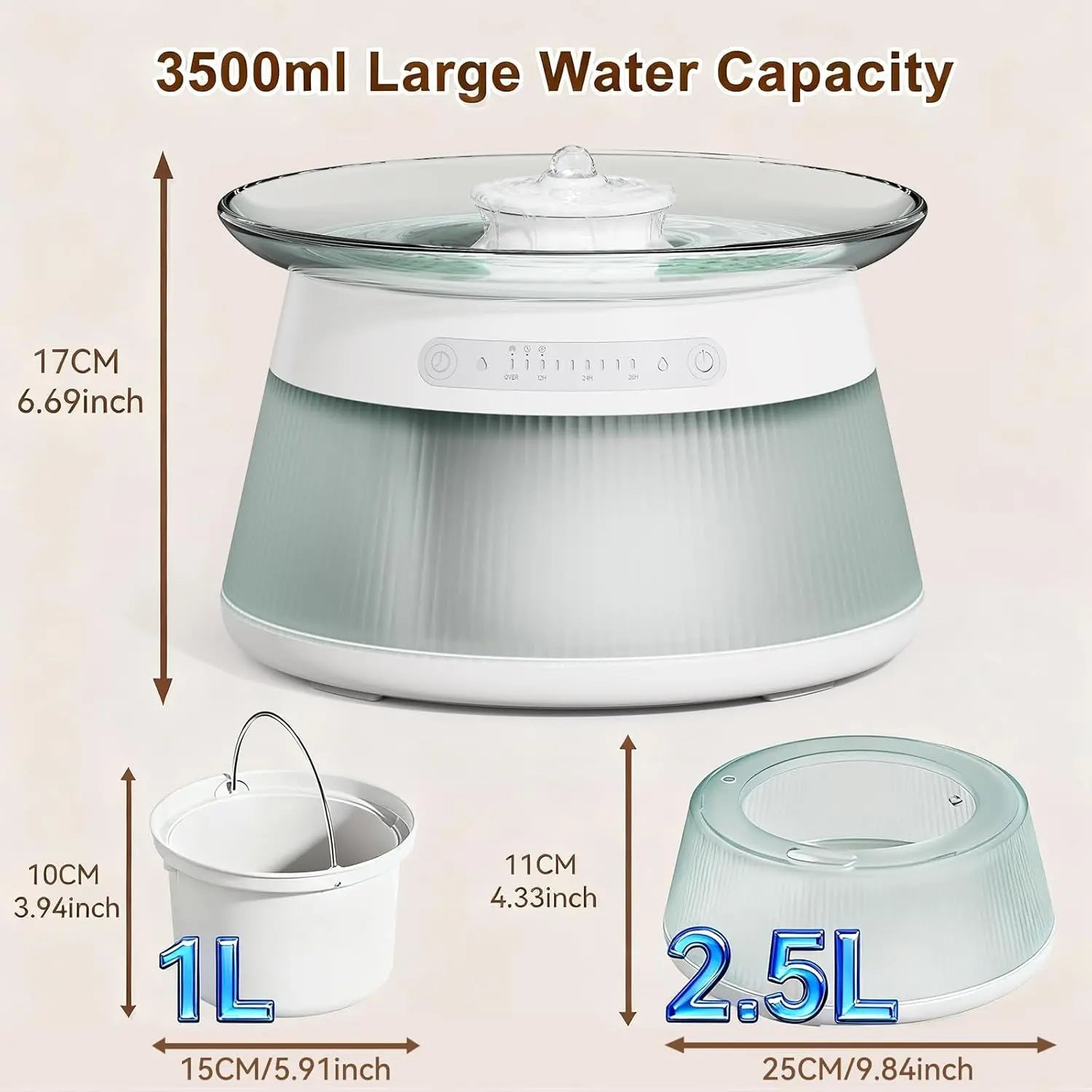 Smart Cat Water Fountain Glass Wireless Filterless 2.5L Quiet Sensor
