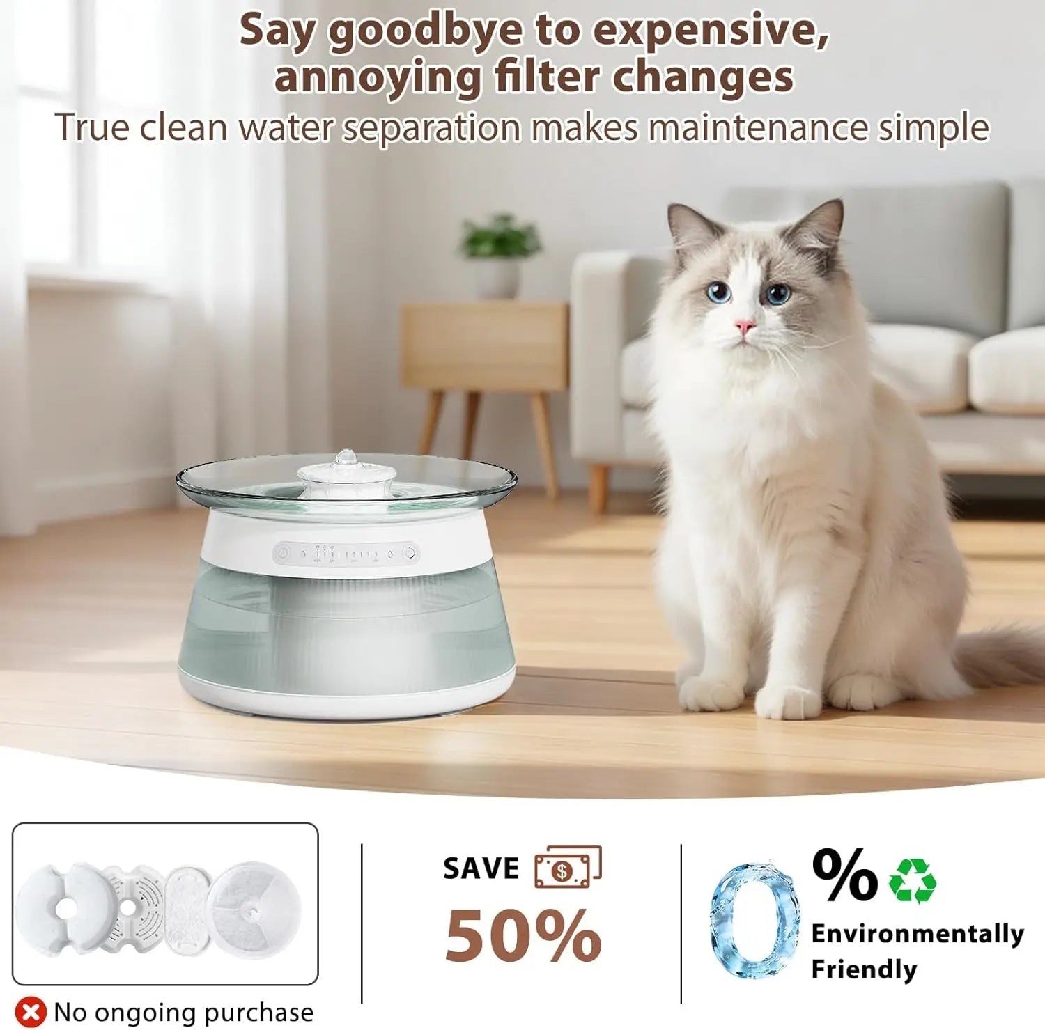 Smart Cat Water Fountain Glass Wireless Filterless 2.5L Quiet Sensor