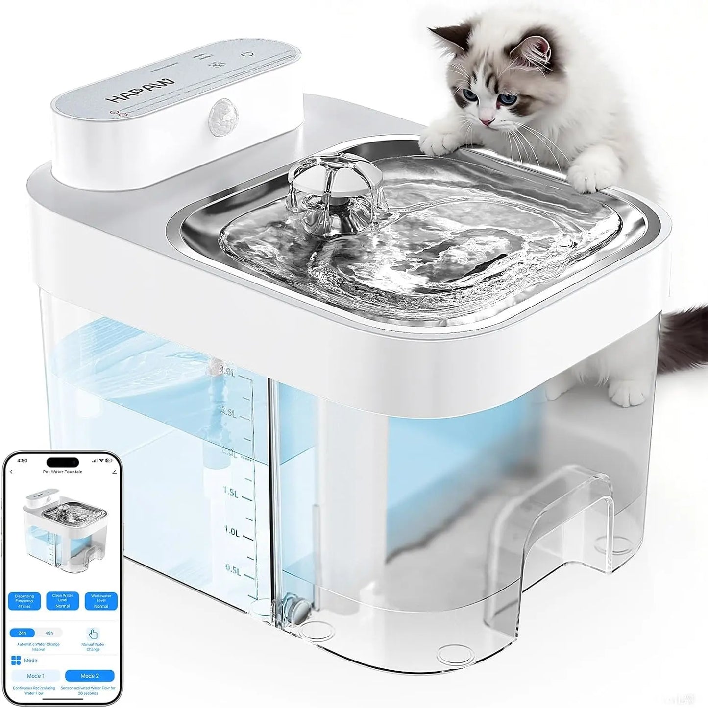 Smart Cat Water Fountain with App Monitoring Wi-Fi, 3L No-Filter System, Battery & Plug-In, White