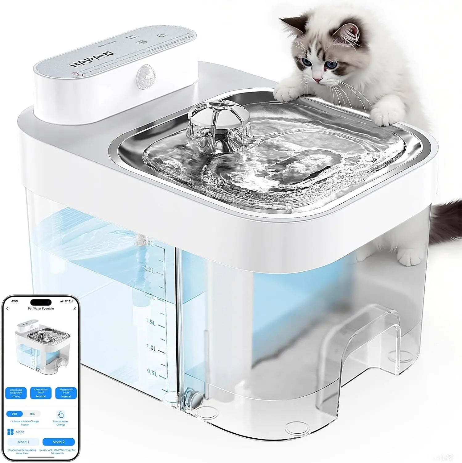 Smart Cat Water Fountain with App Monitoring Wi-Fi, 3L No-Filter System, Battery & Plug-In, White