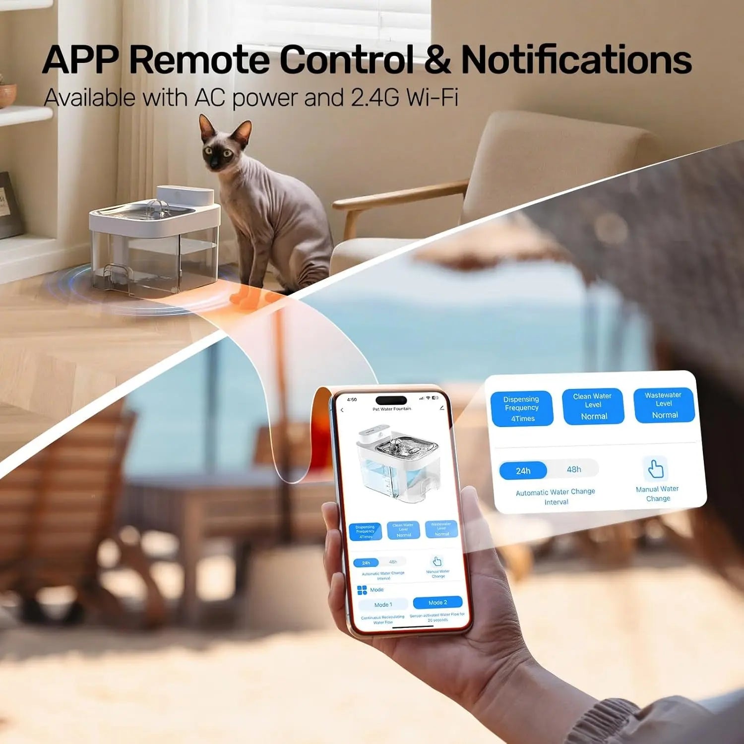 Smart Cat Water Fountain with App Monitoring Wi-Fi, 3L No-Filter System, Battery & Plug-In,