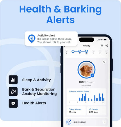 Smart Dog GPS Tracker with Virtual Fence, Vital Signs & Bark Monitoring, Waterproof Collar Attachment