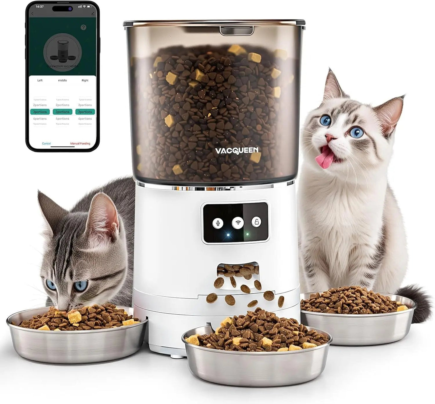 Smart WiFi Cat Feeder 6L 3-Bowl Automatic Food Dispenser w/ Voice & Anti-Jam White