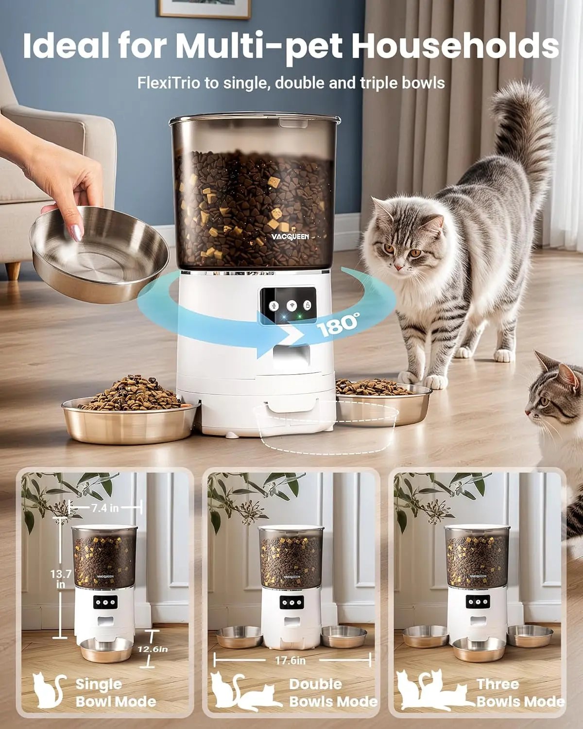 Smart WiFi Cat Feeder 6L 3-Bowl Automatic Food Dispenser w/ Voice & Anti-Jam