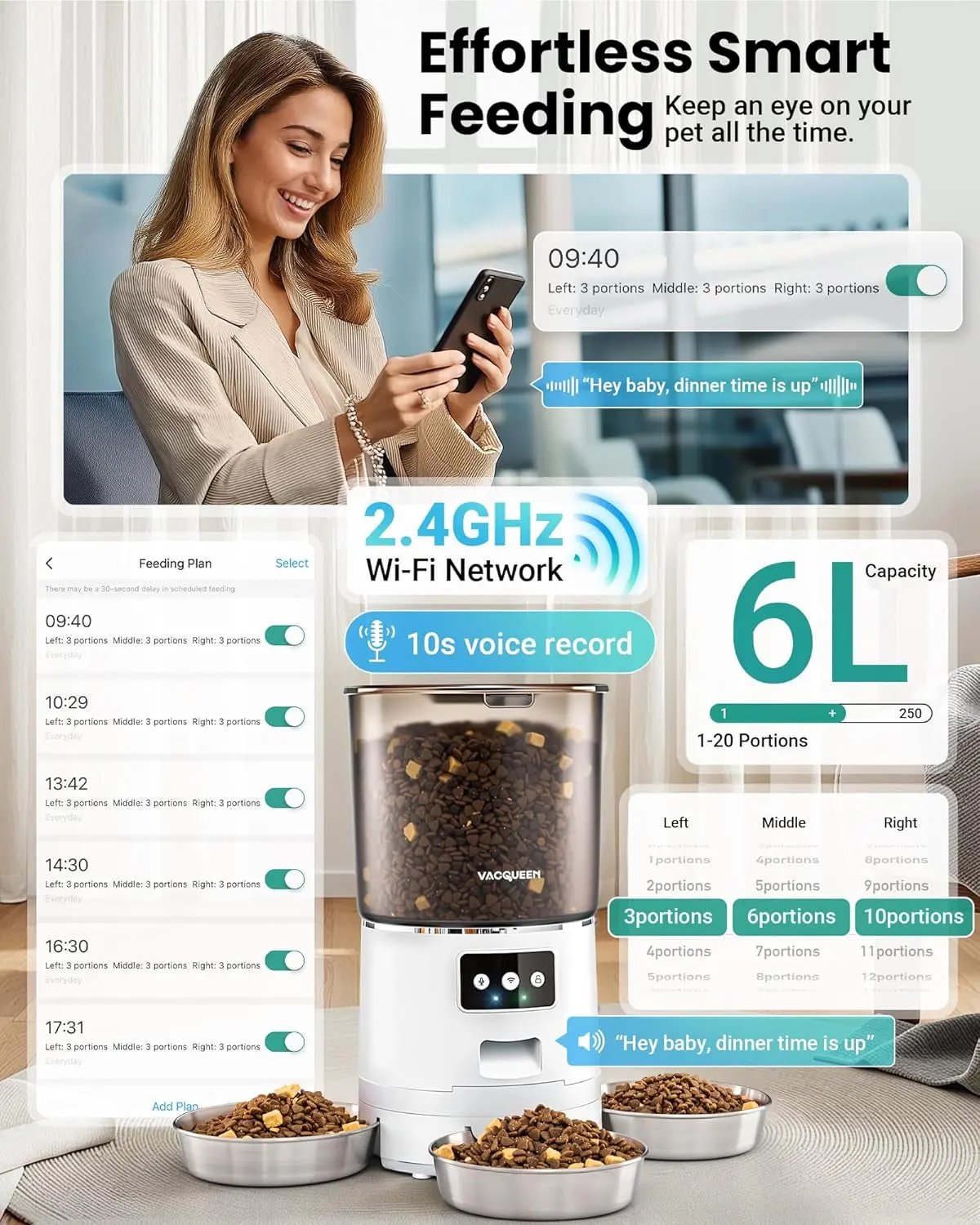 Smart WiFi Cat Feeder 6L 3-Bowl Automatic Food Dispenser w/ Voice & Anti-Jam