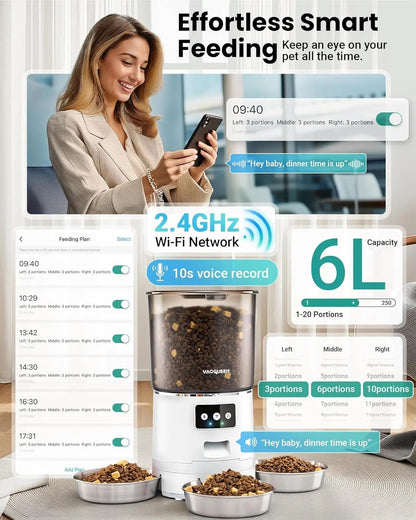 Smart WiFi Cat Feeder 6L 3-Bowl Automatic Food Dispenser w/ Voice & Anti-Jam