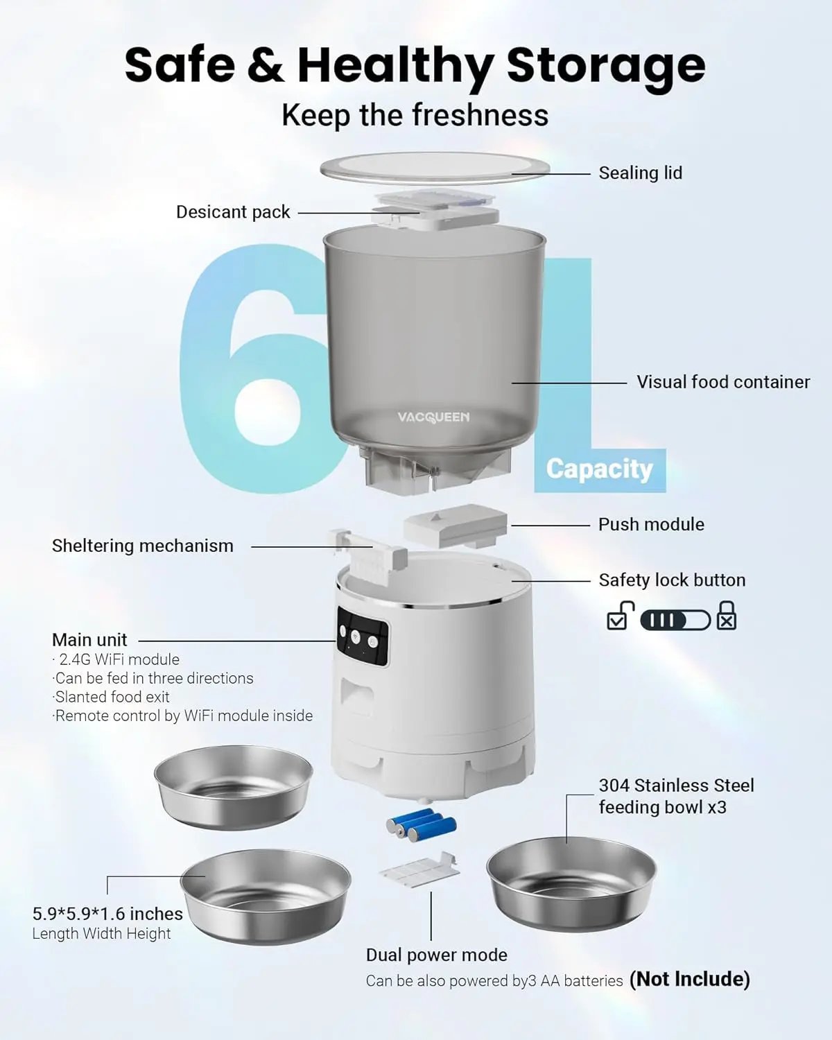 Smart WiFi Cat Feeder 6L 3-Bowl Automatic Food Dispenser w/ Voice & Anti-Jam