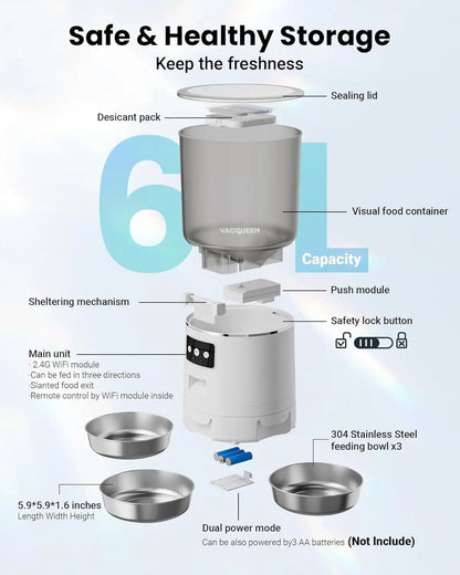 Smart WiFi Cat Feeder 6L 3-Bowl Automatic Food Dispenser w/ Voice & Anti-Jam