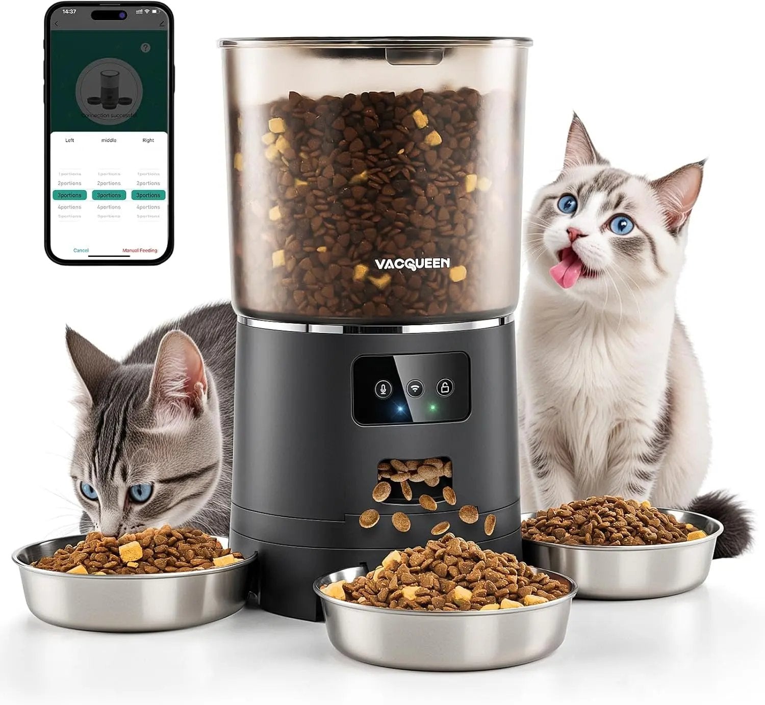 Smart WiFi Cat Feeder 6L 3-Bowl Automatic Food Dispenser w/ Voice & Anti-Jam Black