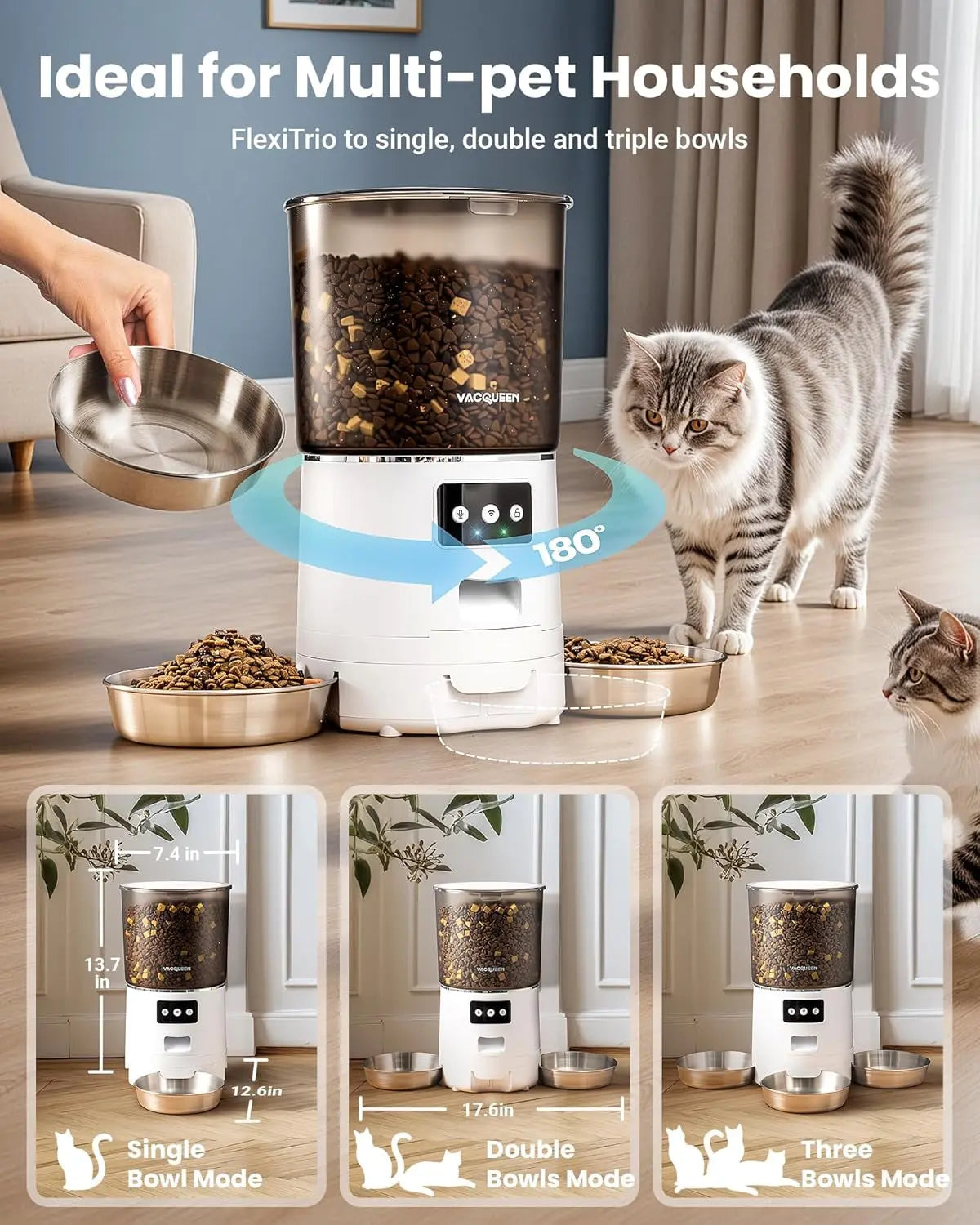 Smart WiFi Cat Feeder 6L 3-Bowl Automatic Food Dispenser w/ Voice & Anti-Jam