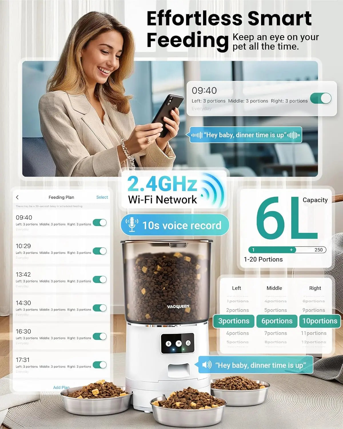 Smart WiFi Cat Feeder 6L 3-Bowl Automatic Food Dispenser w/ Voice & Anti-Jam