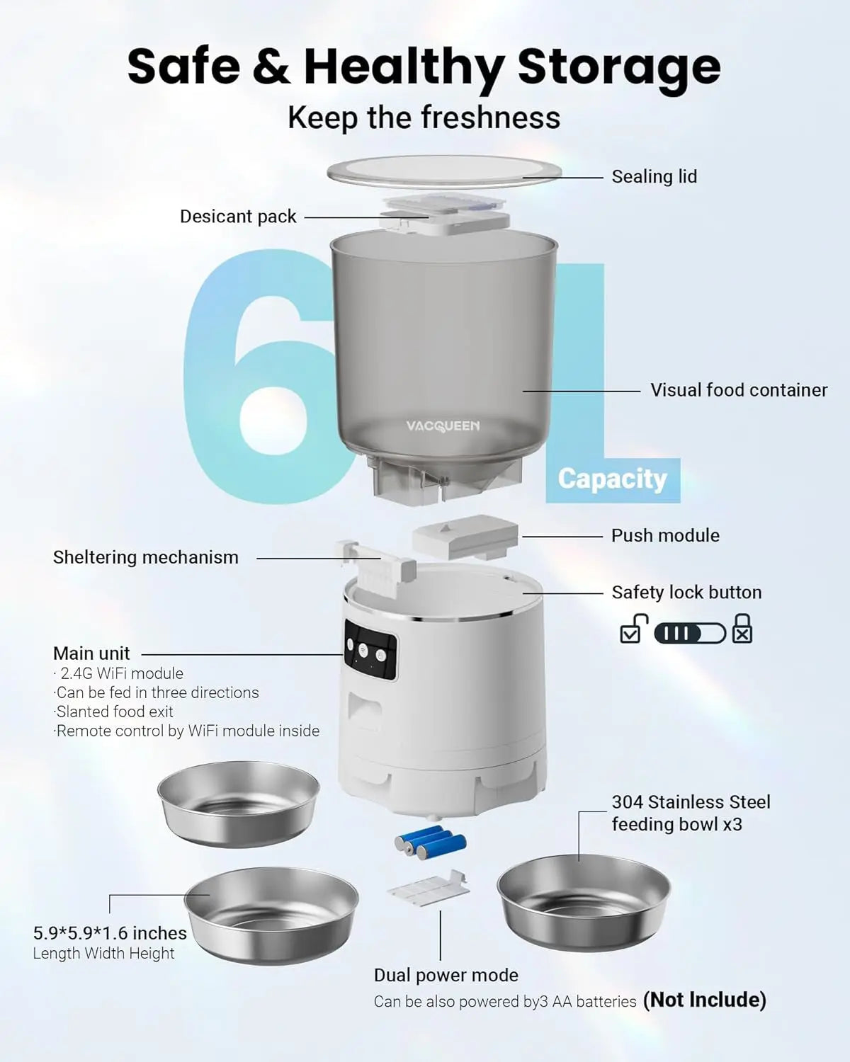 Smart WiFi Cat Feeder 6L 3-Bowl Automatic Food Dispenser w/ Voice & Anti-Jam