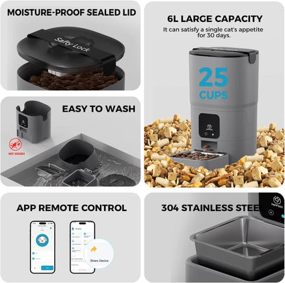 Smart WiFi Cat Feeder 6L – App-Controlled Auto Pet Feeder w/ Alexa & Dual Power