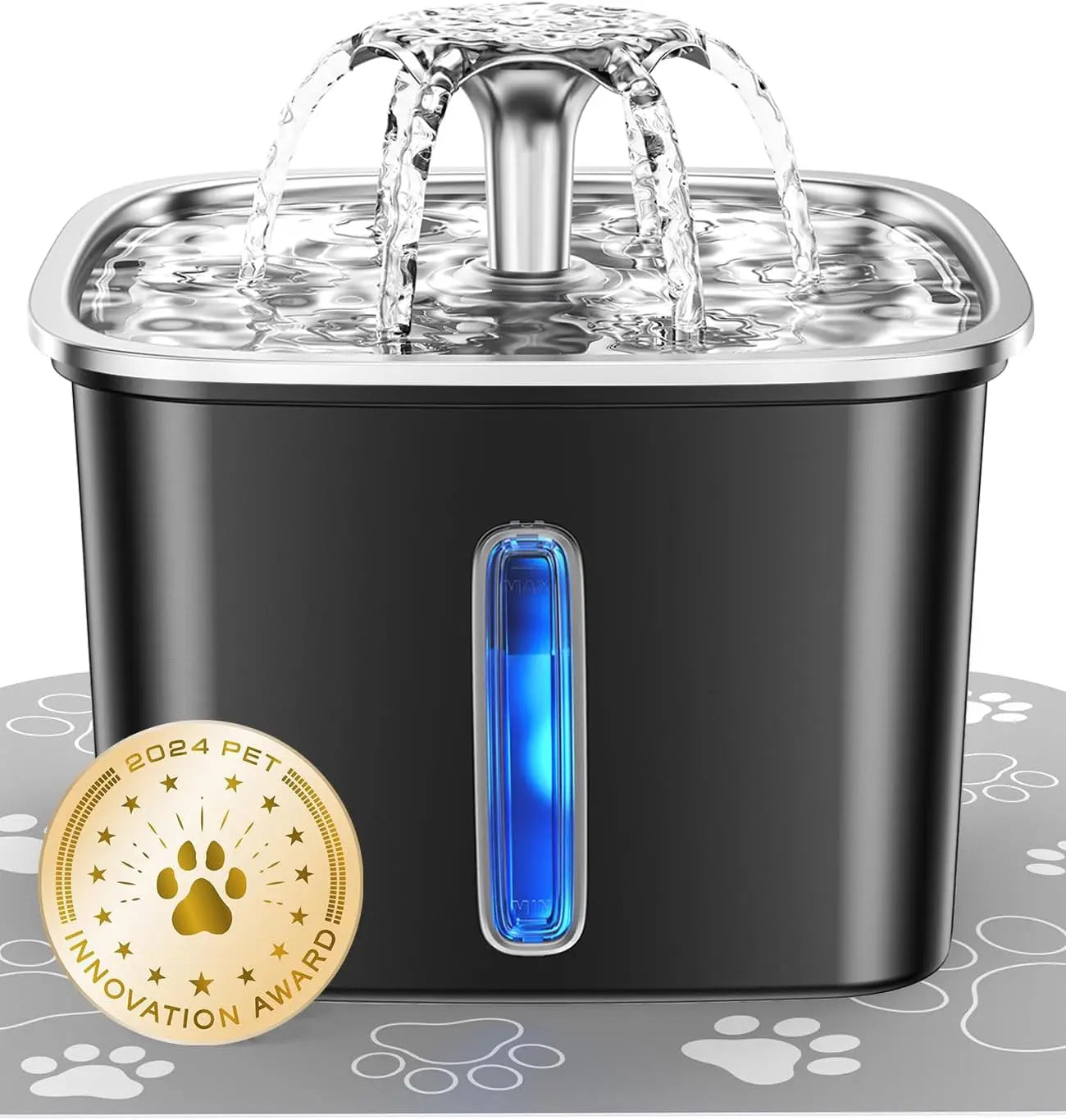 Stainless Steel Cat Water Fountain 95oz with 5-Stage Filtration & LED Space Black 95Oz+2 Filters+2 Sponges