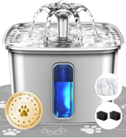 Stainless Steel Cat Water Fountain 95oz with 5-Stage Filtration & LED