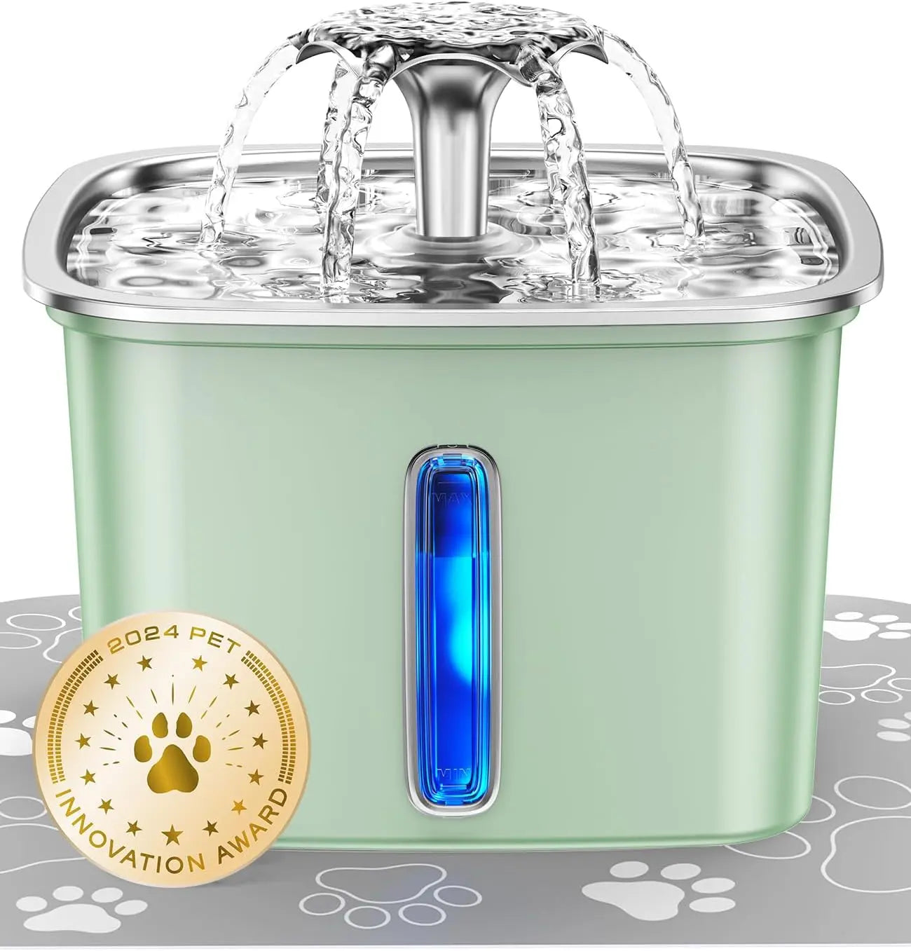 Stainless Steel Cat Water Fountain 95oz with 5-Stage Filtration & LED Tea Green 95Oz+2 Filters+2 Sponges