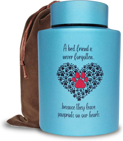 Stainless Steel Pet Memorial Urn for Cats & Small Dogs with Secure Lid Keepsake Blue-Paw In Heart Medium