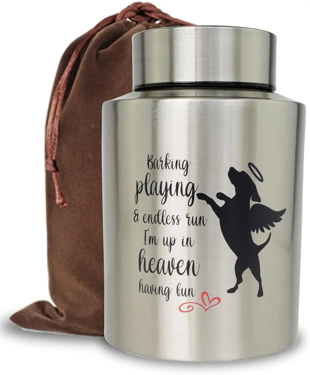 Stainless Steel Pet Memorial Urn for Cats & Small Dogs with Secure Lid Keepsake Silver-Playing In Heaven Medium