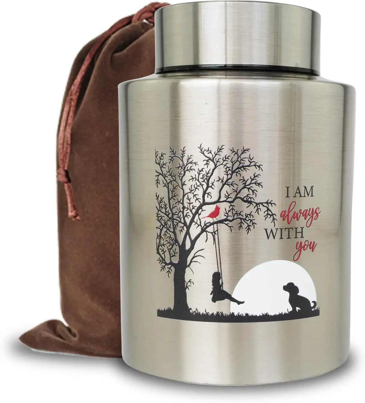 Stainless Steel Pet Memorial Urn for Cats & Small Dogs with Secure Lid Keepsake Silver-I Am Always With You Medium