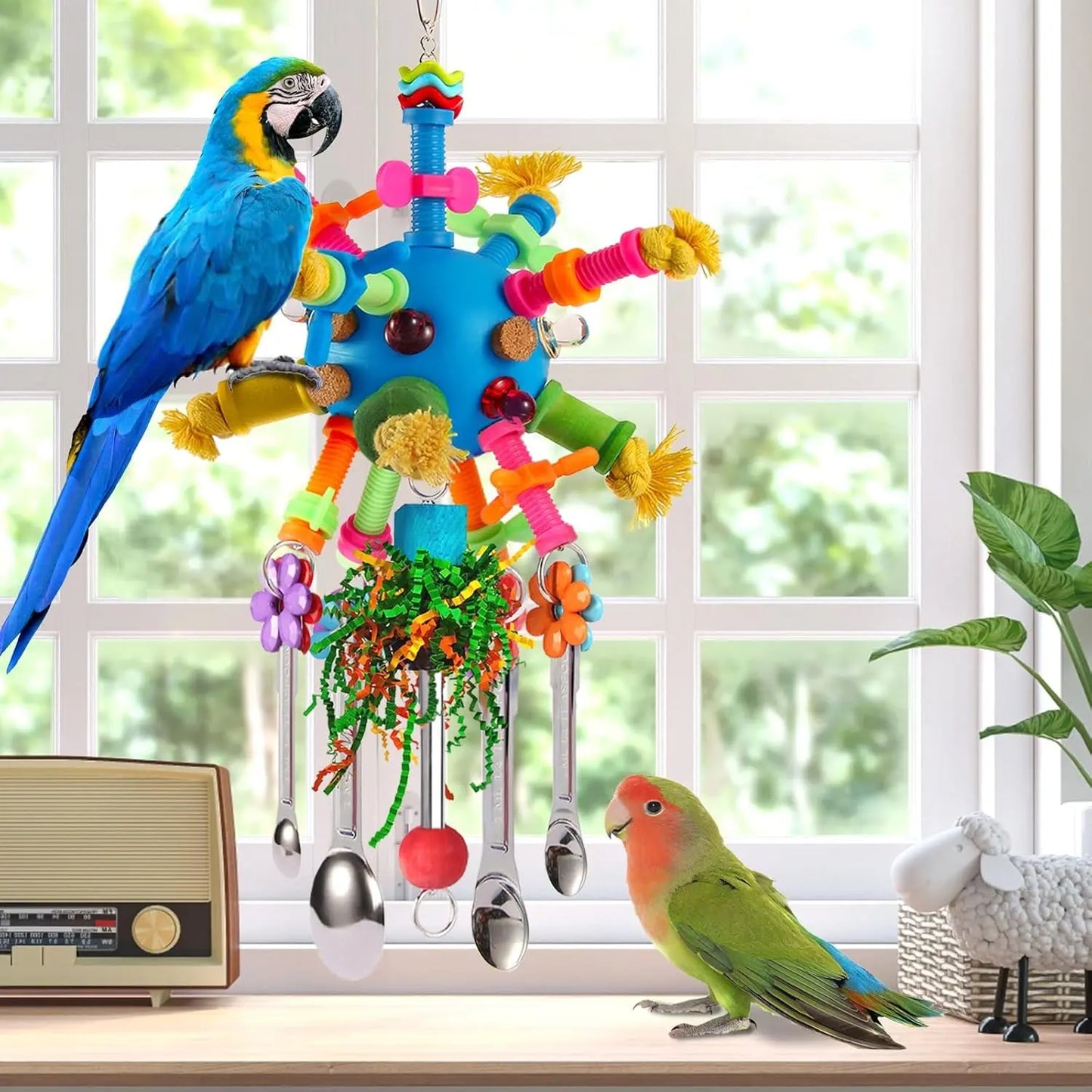Stainless Steel Spoon Parrot Toy w/ Acrylic & Foraging Ball Blue
