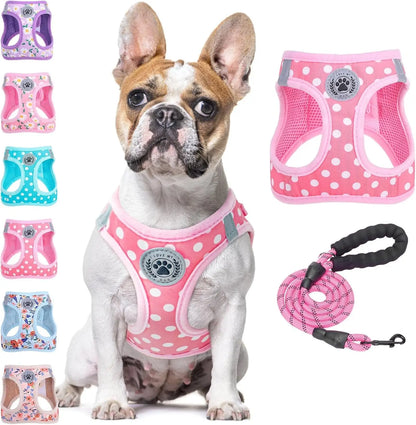 Step-In Dog Harness & Leash Set in Various Patterns – Reflective No Pull (XS- XL) Pink Polka Dots