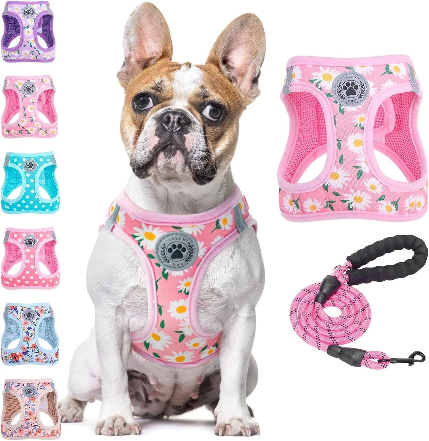 Step-In Dog Harness & Leash Set in Various Patterns – Reflective No Pull (XS- XL) Pink Daisy
