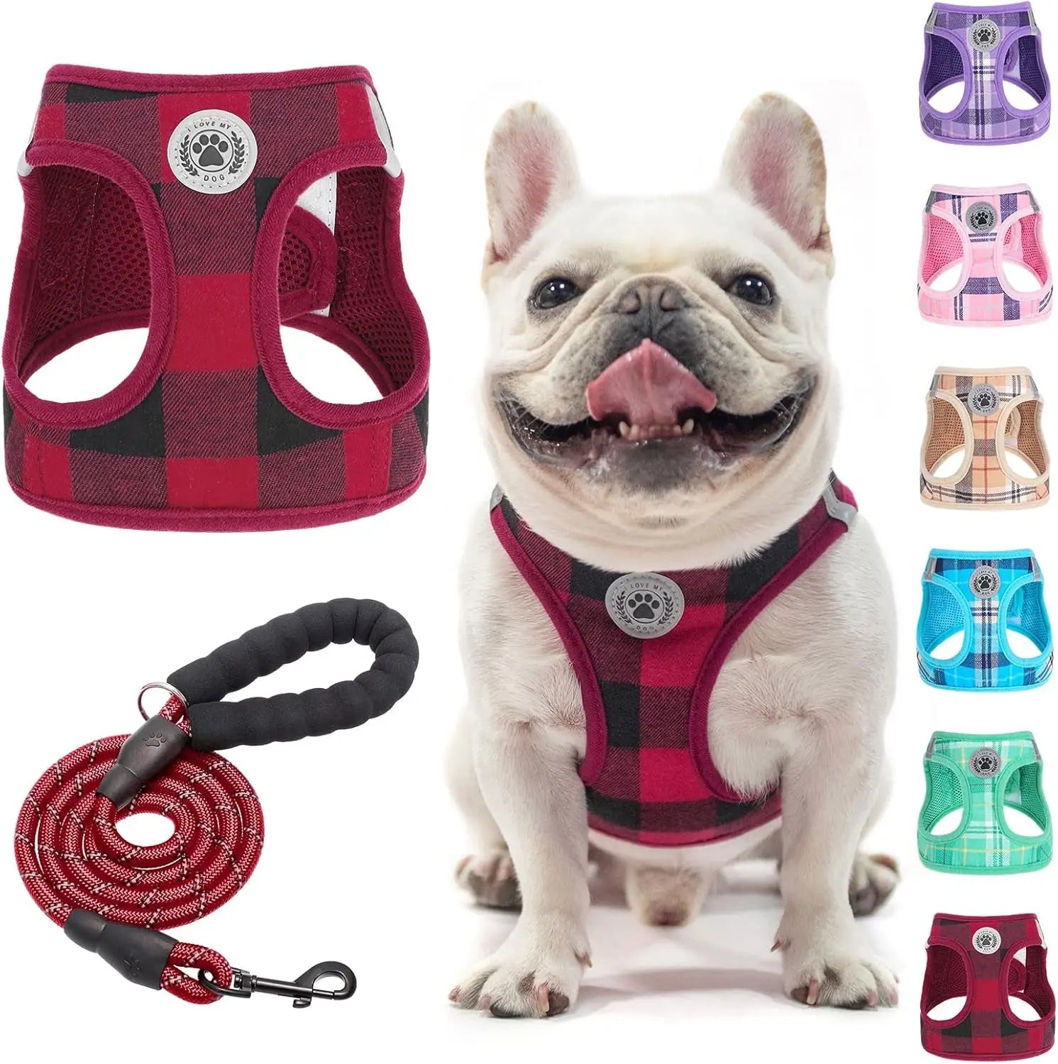 Step-In Dog Harness & Leash Set in Various Patterns – Reflective No Pull (XS- XL) Red
