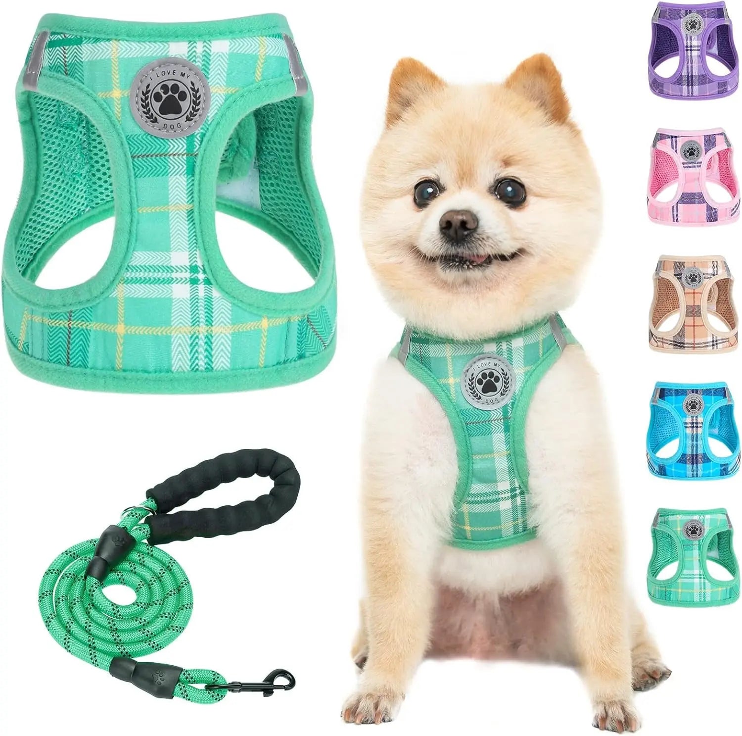 Step-In Dog Harness & Leash Set in Various Patterns – Reflective No Pull (XS- XL) Turquoise Xsmall(Chest Girth 13" - 14.5")