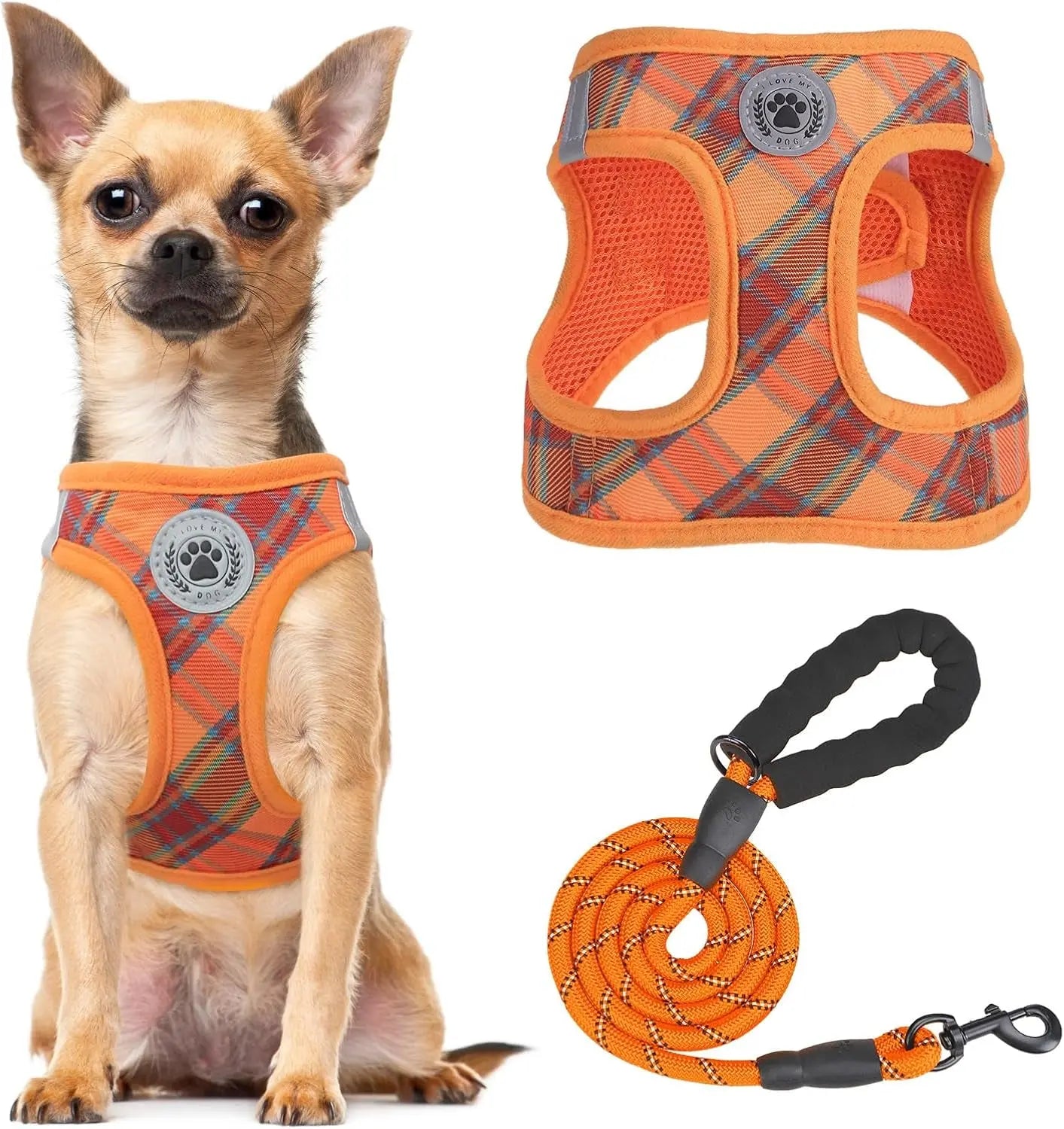 Step-In Dog Harness & Leash Set in Various Patterns – Reflective No Pull (XS- XL) Light Orange