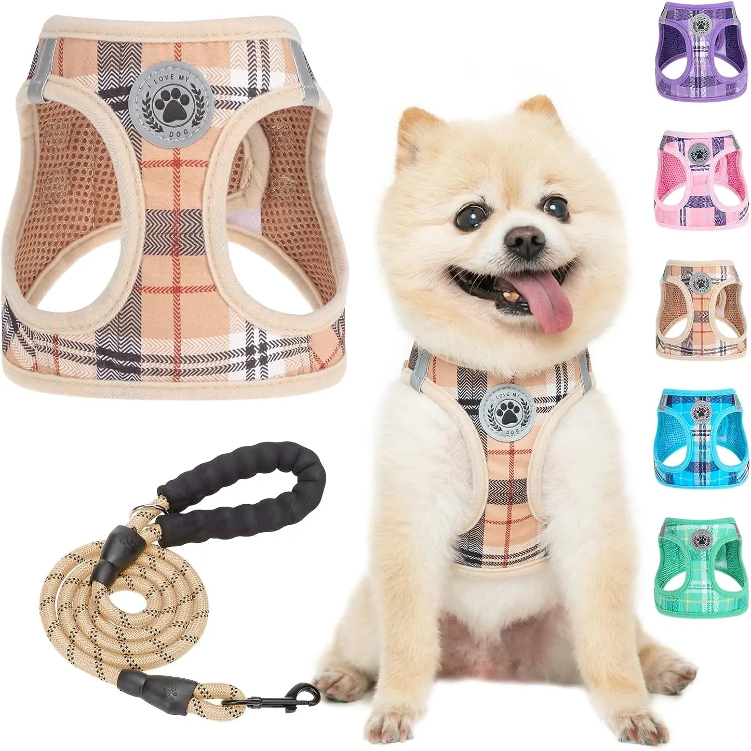 Step-In Dog Harness & Leash Set in Various Patterns – Reflective No Pull (XS- XL) Beige