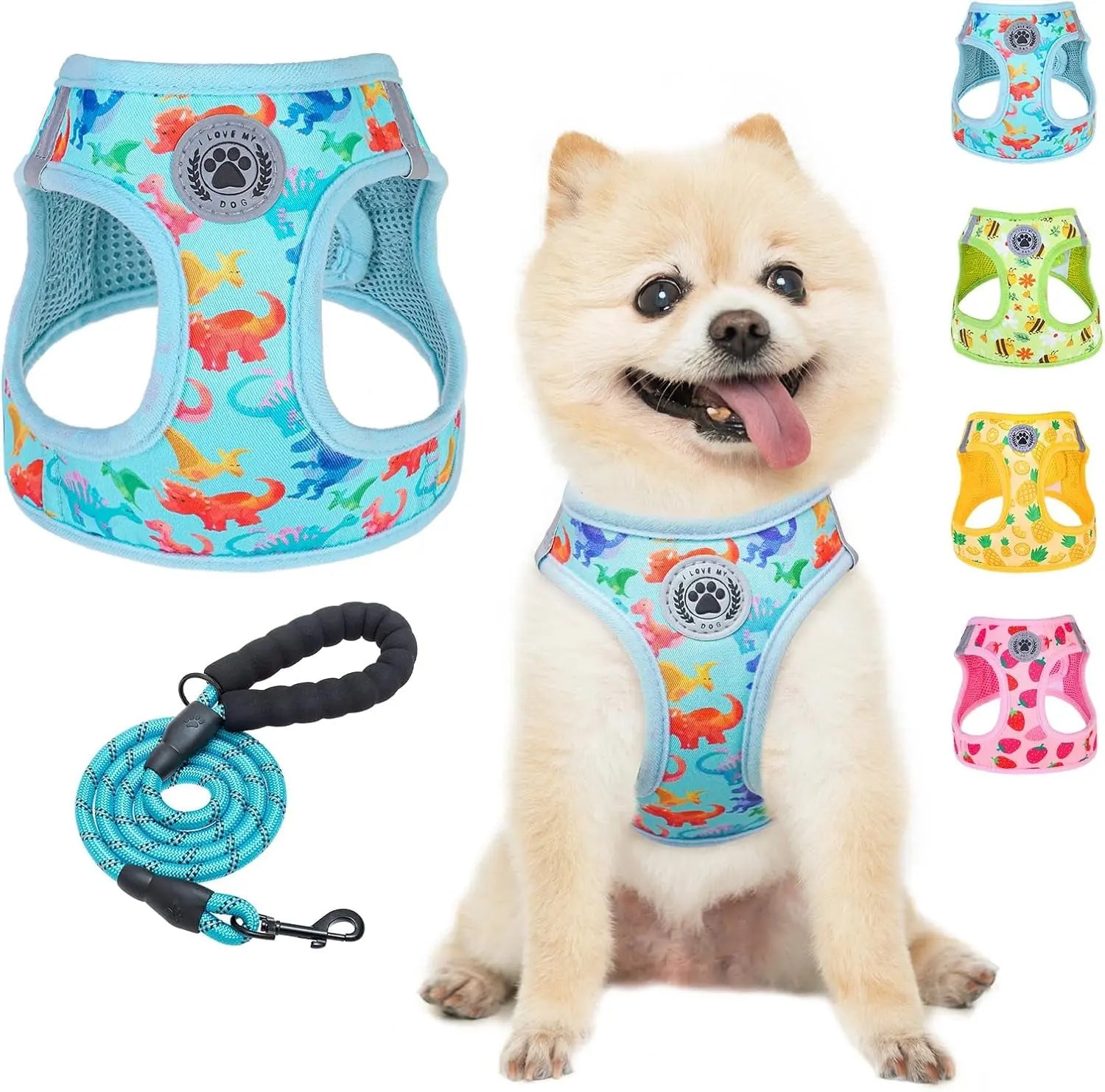 Step-In Dog Harness & Leash Set in Various Patterns – Reflective No Pull (XS- XL) Dinosaurs Pattern