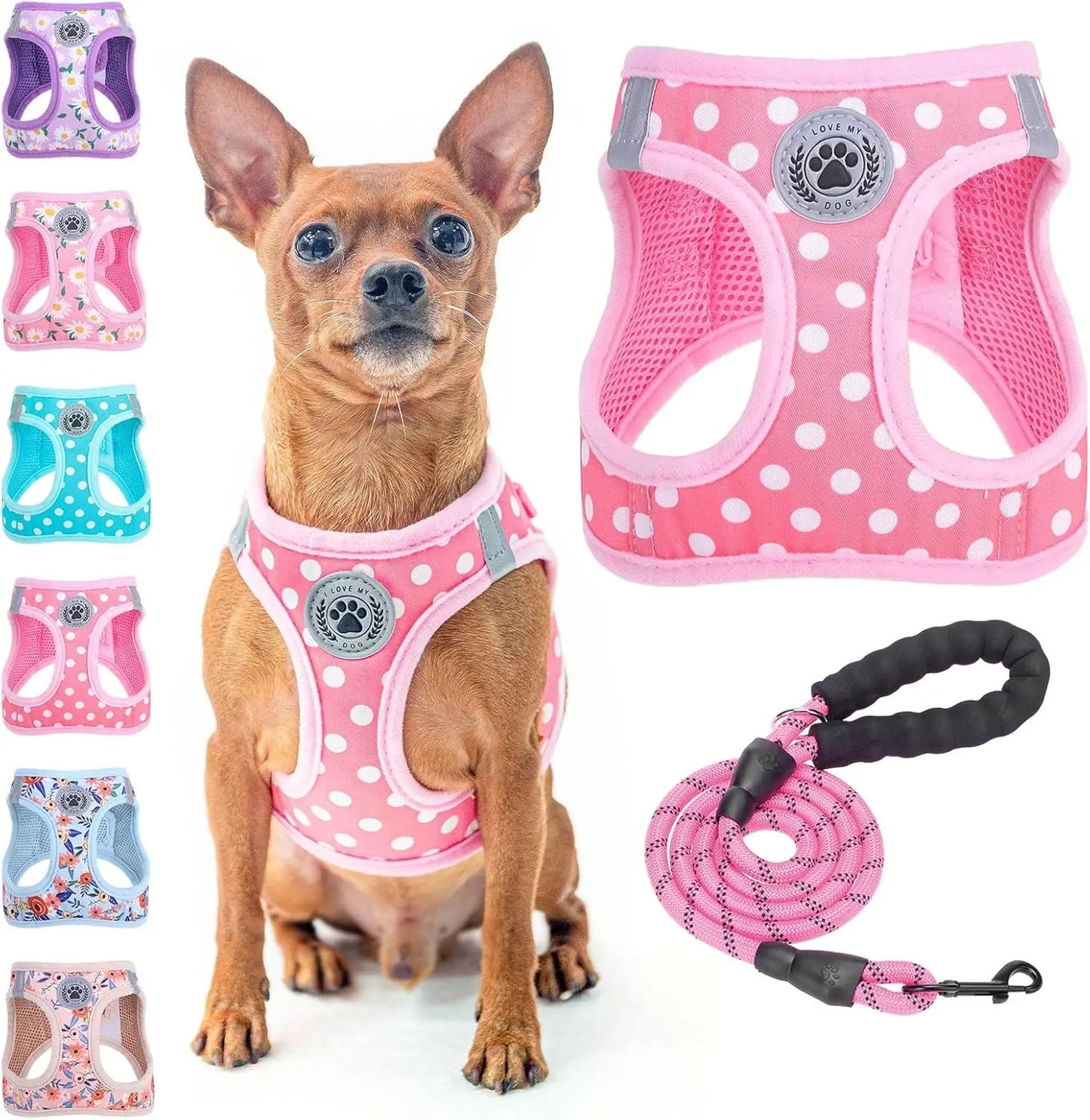 Step-In Dog Harness & Leash Set in Various Patterns – Reflective No Pull (XS- XL) Pink Polka Dots