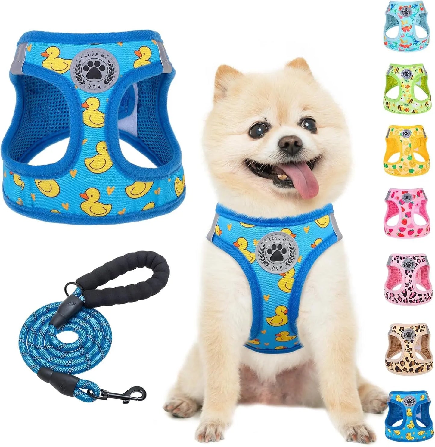 Step-In Dog Harness & Leash Set in Various Patterns – Reflective No Pull (XS- XL) Duck Blue Small(Chest Girth 14.5" - 16")