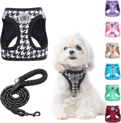 Step-In Dog Harness & Leash Set in Various Patterns – Reflective No Pull (XS- XL) Houndstooth(Black)